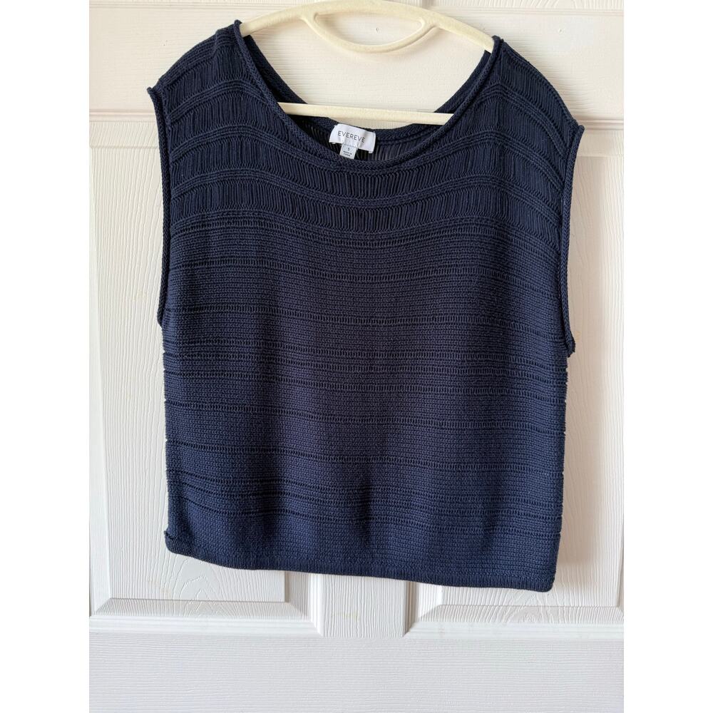 Evereve Navy Cotton Knit Short Sleeve Sweater Top Size S Coastal Lightweight